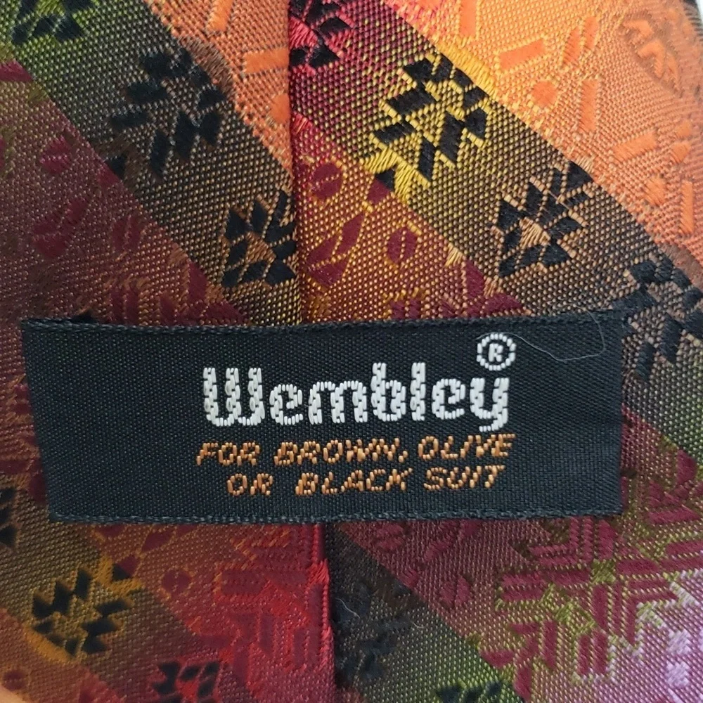 Wembley warm orange strip & print design tie, green blue gold, casual, Y2K